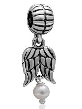 Angel Charm Wing Charm with Pearl Charm 925 Sterling Silver Feather Charm Love C